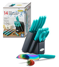 Load image into Gallery viewer, DISHWASHER SAFE Rainbow Titanium Cutlery Knife Set, Marco Almond KYA27 Kitchen Knives Set with Wooden Block, Rainbow Titanium Coating,Chef Quality for Home &amp; Pro Use, Best Gift,14 Piece, Teal
