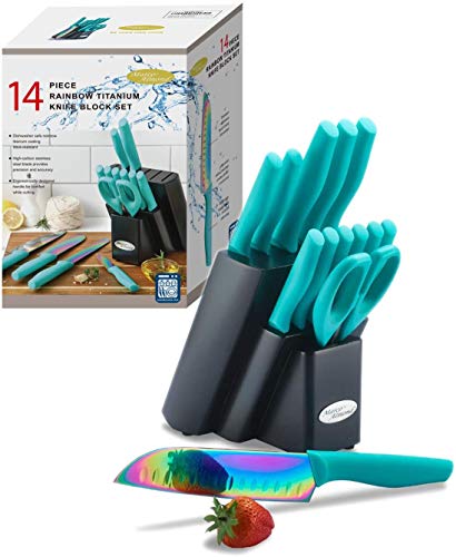 DISHWASHER SAFE Rainbow Titanium Cutlery Knife Set, Marco Almond KYA27 Kitchen Knives Set with Wooden Block, Rainbow Titanium Coating,Chef Quality for Home & Pro Use, Best Gift,14 Piece, Teal